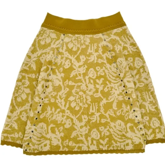 ANTHROPOLOGIE MOTH Mustard Yellow Floral Studded Wool Jacquard Knit Skirt size S - Picture 3 of 12